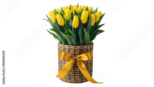 Yellow tulips bouquet in wicker vase with yellow ribbon isolated on transparent background for valentine's day