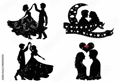 Romantic couples in love silhouettes with hearts and stars