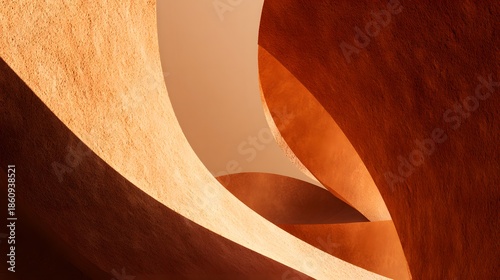 Bold abstract 3D composition with layered orange curves and textured surfaces inspired by desert architecture and rock formations.