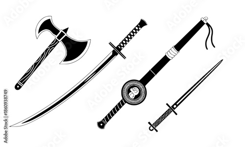Black Silhouette Collection of Medieval and Fantasy Weapons Including Axe Sword Katana Scimitar and Round Shield, Warrior Armory Vector Illustration Set