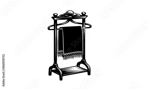 Black Silhouette of Vintage Towel Rack Stand with Hanging Towel, Elegant Bathroom or Spa Accessory Furniture, Minimalist Home Decor Vector Illustration