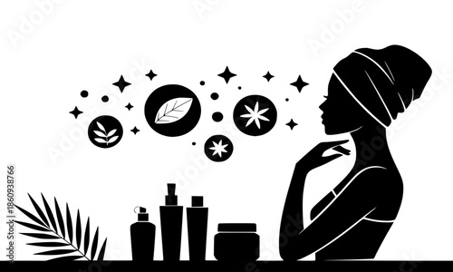 Black Silhouette of Woman with Towel on Head in Thoughtful Pose, Beauty Skincare Routine with Natural Herbal Elements and Cosmetic Products, Spa Wellness Vector Illustration