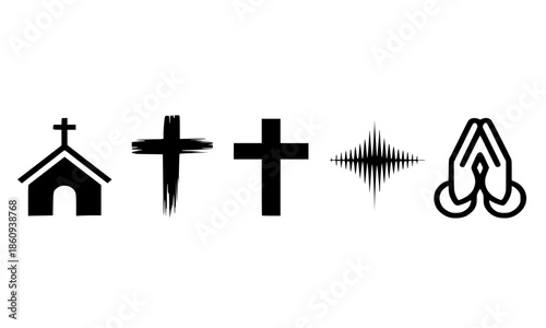 Black Christian Faith Symbols Collection with Church Cross Prayer Hands and Holy Spirit Dove, Minimalist Religious Icon Set Vector Illustration