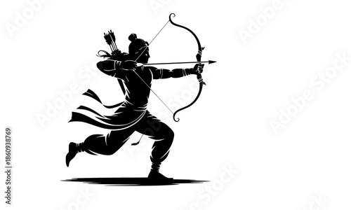 Dynamic Black Silhouette of Ancient Warrior Archer in Running Pose Aiming Bow and Arrow, Traditional Indian Mythological Hero Lord Rama Style Vector Illustration