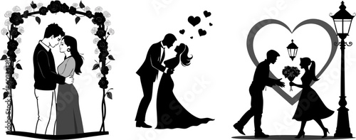 Elegant woman under floral arch with heart symbol