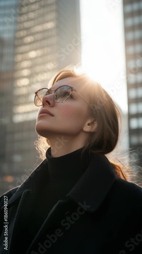 Vertical Shot. Backlit urban portrait woman wearing glasses and coat