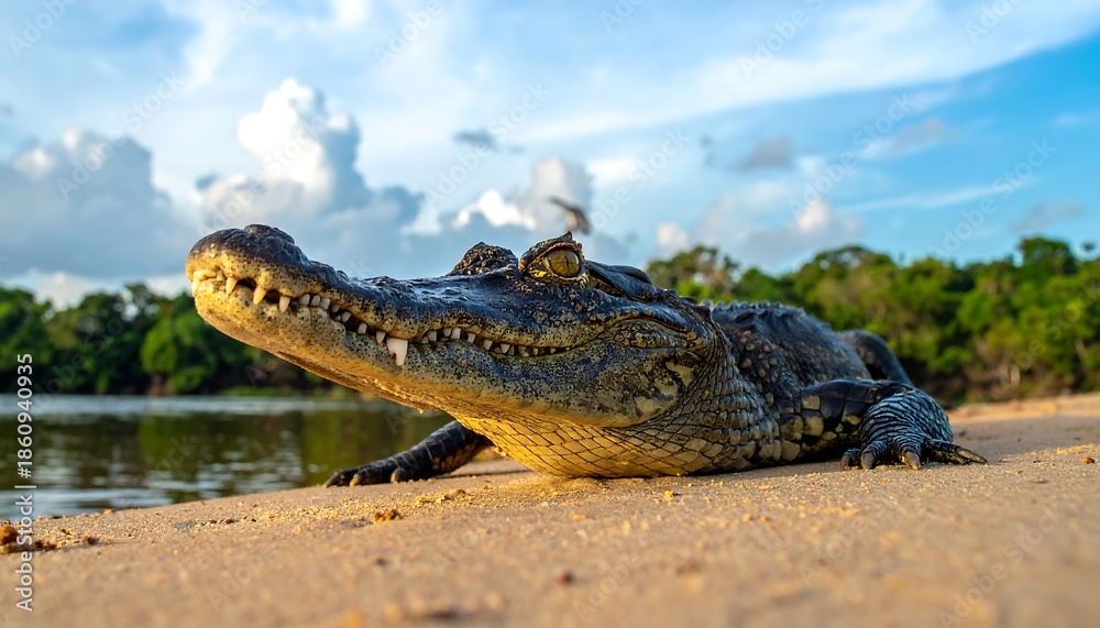 Obraz premium A close-up shot of a reptile sunbathing on a sandy shore, eyes observing in front of a blue sky and serene water