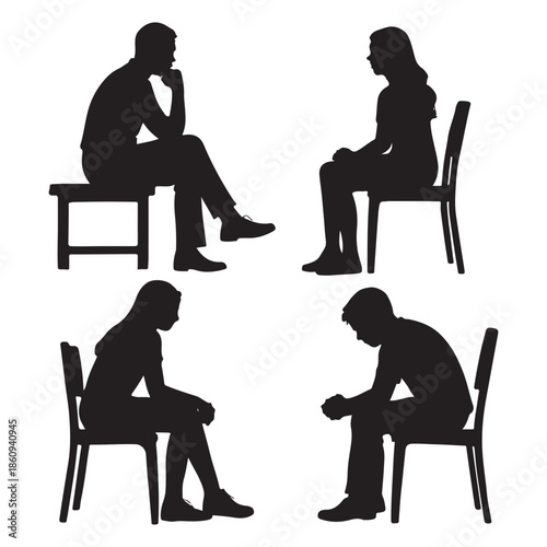 Silhouettes of Men, Women, and Teenagers Sitting on Benches and Chairs