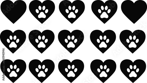 Black heart silhouette collection featuring animal paw prints for pet lovers veterinary care dog and cat rescue branding and romantic animal vector design.