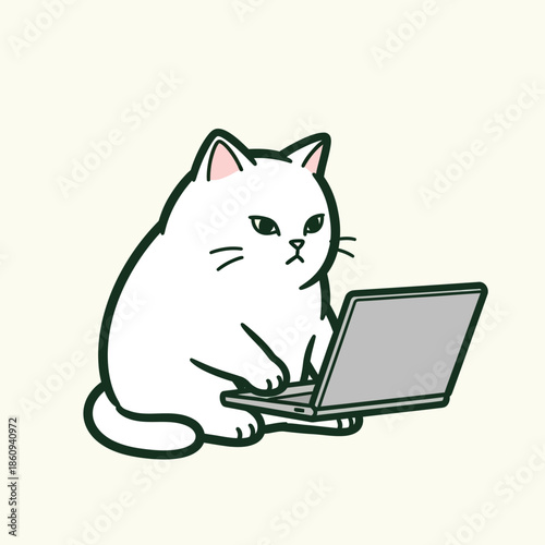 Funny hand drawn vector illustration of chubby white cat typing on laptop computer for freelance work concept