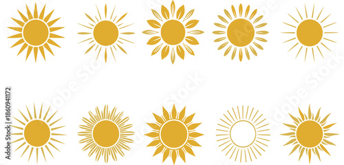 Yellow sun silhouette collection featuring various shining solar shapes and rays for summer weather nature icons garden decor and flat vector design.