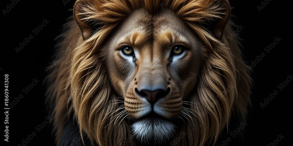 Fototapeta premium Majestic lion with golden mane stares intensely
