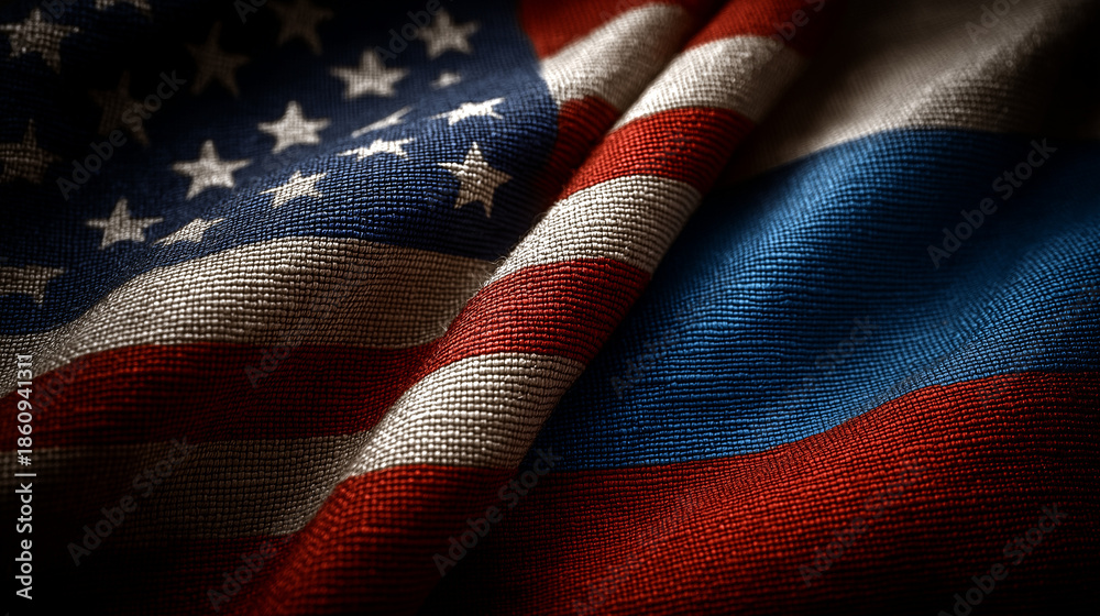 Fototapeta premium Diplomatic tensions usa and russia flags symbol of international relations close-up textured fabric