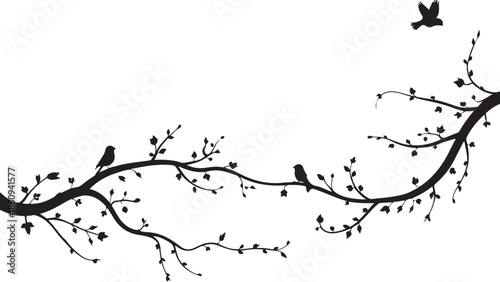Black birds on branches with one flying perched