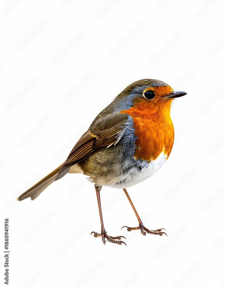 Fototapeta premium A small bird with orange breast, isolated on white