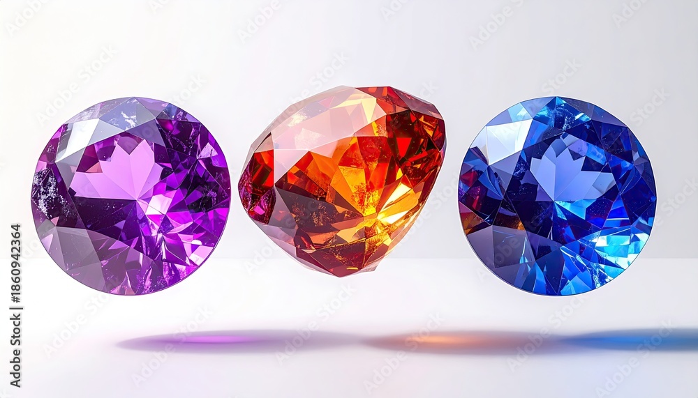 Fototapeta premium Three gems in purple, orange and blue floating