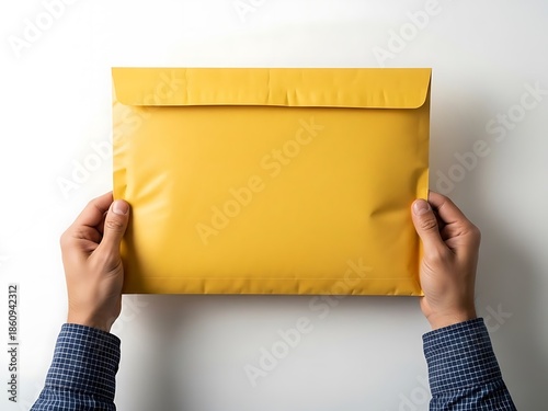 Hands holding a yellow envelope against a white background