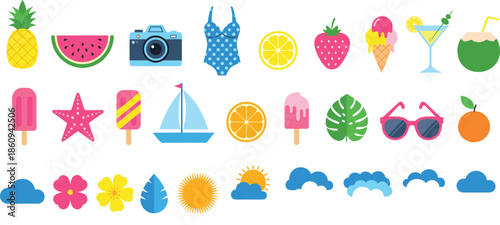Summer vacation icon collection featuring pineapple watermelon camera swimsuit ice cream sailboat sunglasses and tropical fruit for seasonal beach travel vector design.