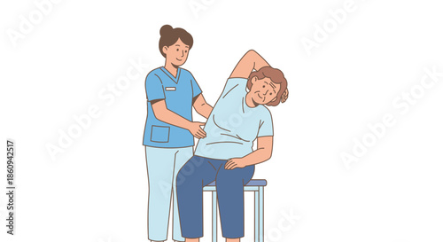 Healthcare professional assists senior citizen with stretching and movement during physiotherapy for improved mobility and wellness.