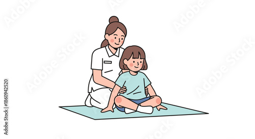 Physical therapist assisting a happy young girl with rehabilitation exercises on the floor, simple supportive vector illustration.