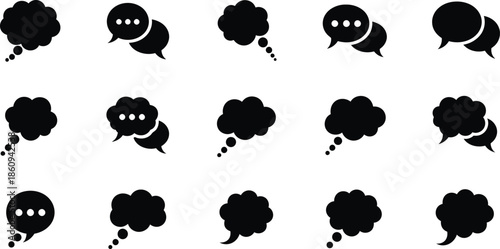Collection of black thought and speech bubble icons for social media and creative storytelling