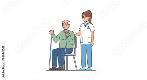 Senior man doing physiotherapy rehabilitation exercises with resistance band, supported by a professional nurse or caregiver.