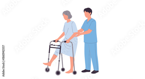 Physiotherapy rehabilitation session: Medical nurse assisting elderly woman walking with a mobility walker, recovery and patient care concept.