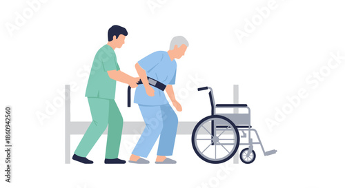 Healthcare Worker Helping Senior Patient Transfer Safely from Hospital Bed to Wheelchair Using a Gait Belt Illustration.