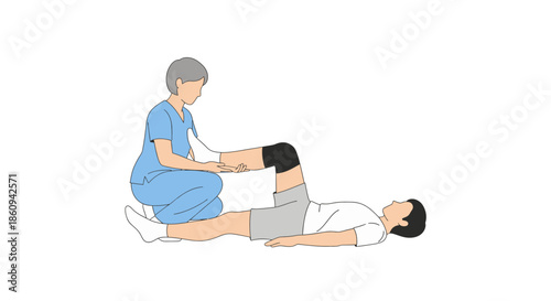 Physiotherapy assisting male patient performing rehabilitation leg exercises, focusing on knee injury recovery with a brace.