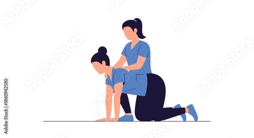 Professional female physiotherapist assisting patient with back pain treatment or rehabilitation exercise.