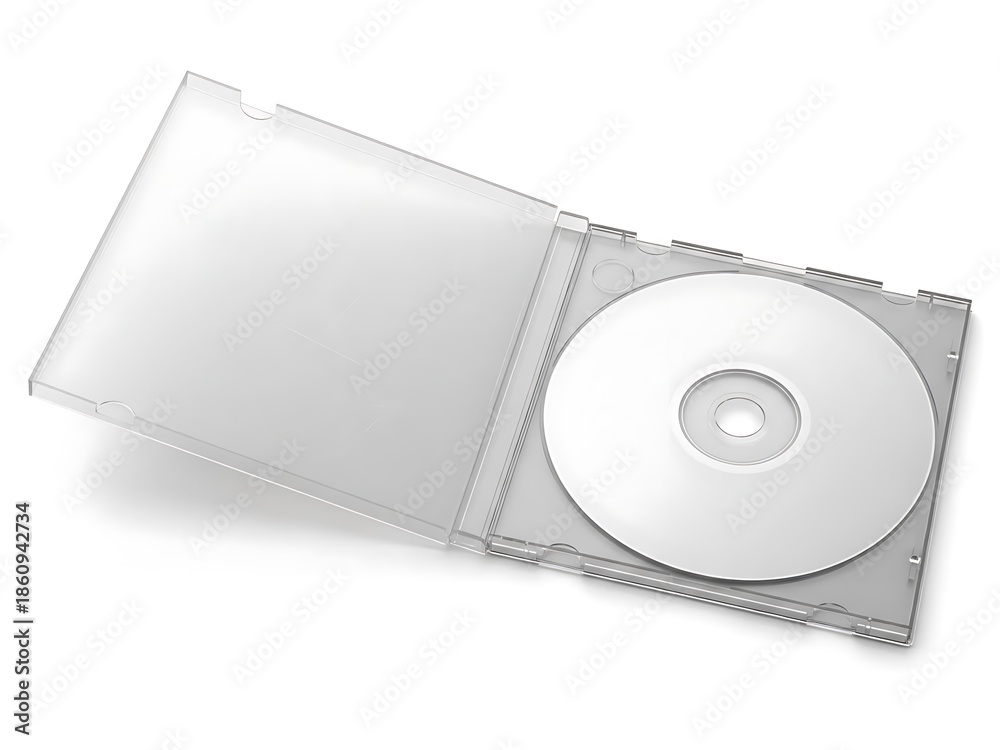 Fototapeta premium An open CD case containing a silver compact disc on a plain white background viewed from above