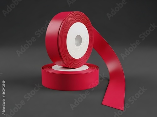 A roll of red tape unwinding on a dark background viewed from a slightly elevated perspective