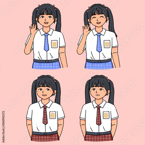elementary school girl student face expression sticker set