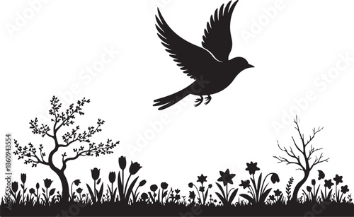 Black silhouette of a bird flying over a garden with trees and flowers
