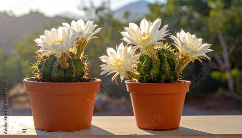 Blooming Cactus Duo - White Flowers in Terra Cotta Pots.