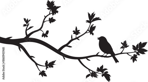 Black silhouette of bird perched on tree branch with leaves