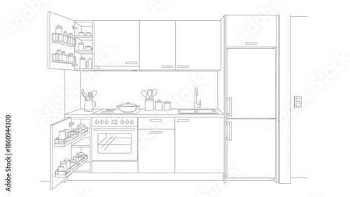 Vector outline illustration of a well-equipped kitchen space featuring modern appliances and detailed storage solutions for culinary activity