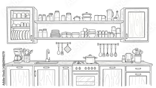 Hand-drawn Kitchen Interior Line Art with Appliances, Utensils, and Storage for Culinary Use