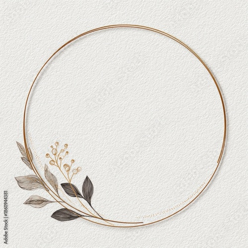 Gold circle frame with leaves on textured cream paper background