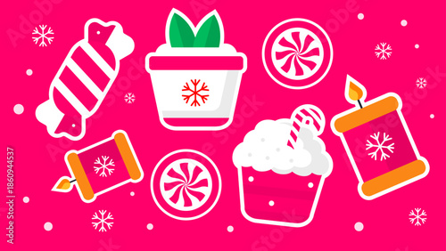 Holiday themed festive of candy, cupcake, candle, and potted plant