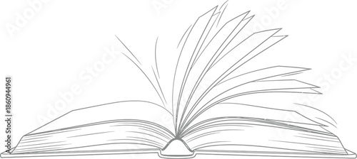 Open outline drawing of a book with pages rapidly turning or blowing in the wind symbolizing knowledge discovery or an unfolding narrative adventure