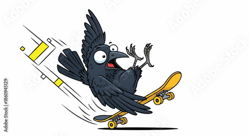 Cool Crow Bird Riding Skateboard, Funny Urban Wildlife Illustration, Extreme Sports Animal Character