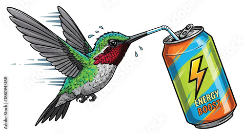 Hummingbird Drinking Soda from Blue Can with Straw, Funny Bird Illustration, High Energy Concept