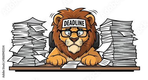 Stressed Lion CEO with Deadline Note on Forehead Sitting at Desk with Mountains of Paperwork