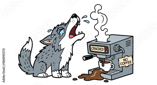 Desperate Wolf Howling in Front of a Broken Espresso Machine with Spilled Coffee