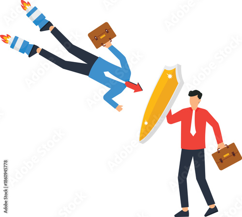 business competition, risk management, corporate protection, defensive strategy, market threat, rocket attack, businessman defending, financial security, corporate rivalry,