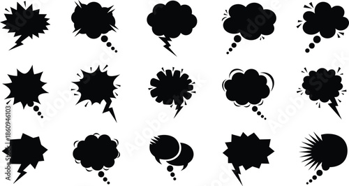 Set of black comic speech bubbles and shout out boxes in various jagged and cloud shapes for manga and pop art design