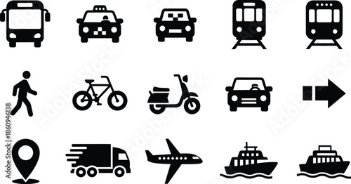 Universal transportation and logistics icon set featuring public transport, delivery truck, airplane, and maritime vessel silhouettes