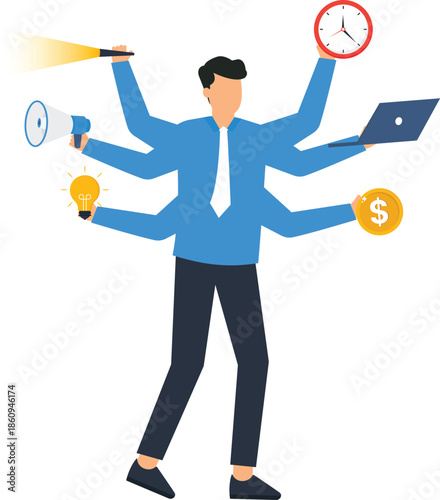 multitasking businessman, work efficiency, time management, business skills, versatile professional, financial growth, project management, marketing strategy, 