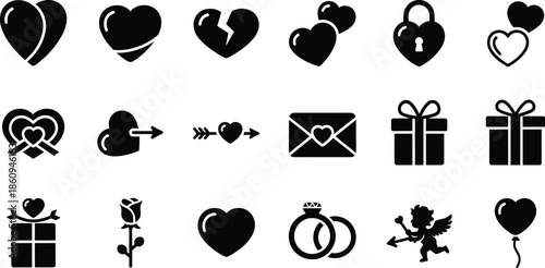 Set of romantic love icons featuring various heart shapes, broken heart, cupid, wedding rings, and gift silhouettes